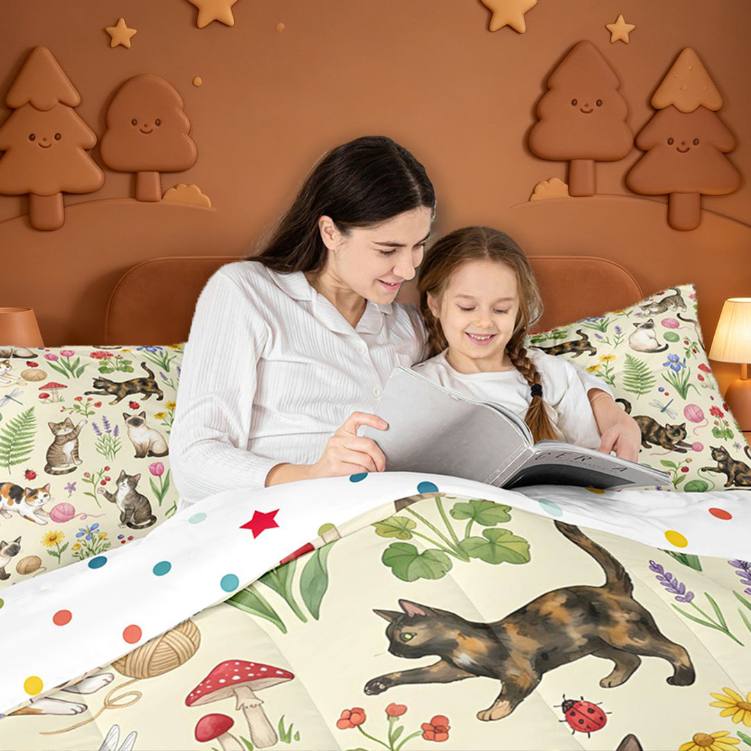 meiyoeat spring Garden Kitten 7 Pieces Full Size Bedding Sets,Floral Cat Print Full Size Bed in a Bag,Reversible