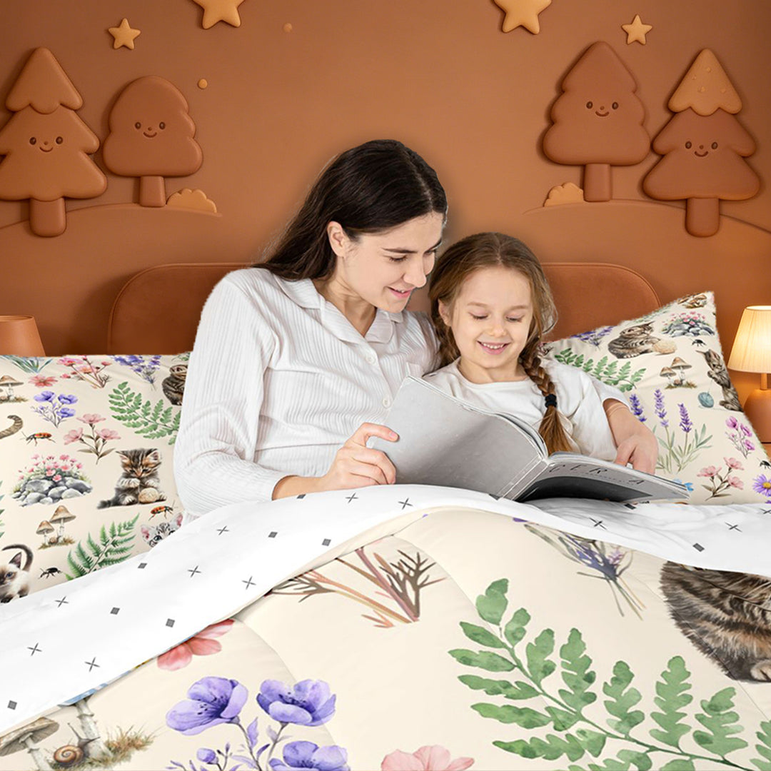 meiyoeat Kawaii Kitten 7 Pieces Full Size Bedding Sets,Watercolor Floral Rustic Mushroom Full Size Bed in a Bag For Girl,Reversible