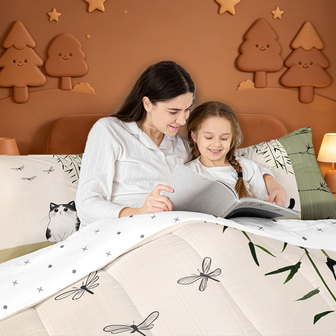 meiyoeat Kawaii Cat 7 Pieces Full Size Bedding Sets,Minimal Kitten Print Full Size Bed in a Bag For Girl,Reversible