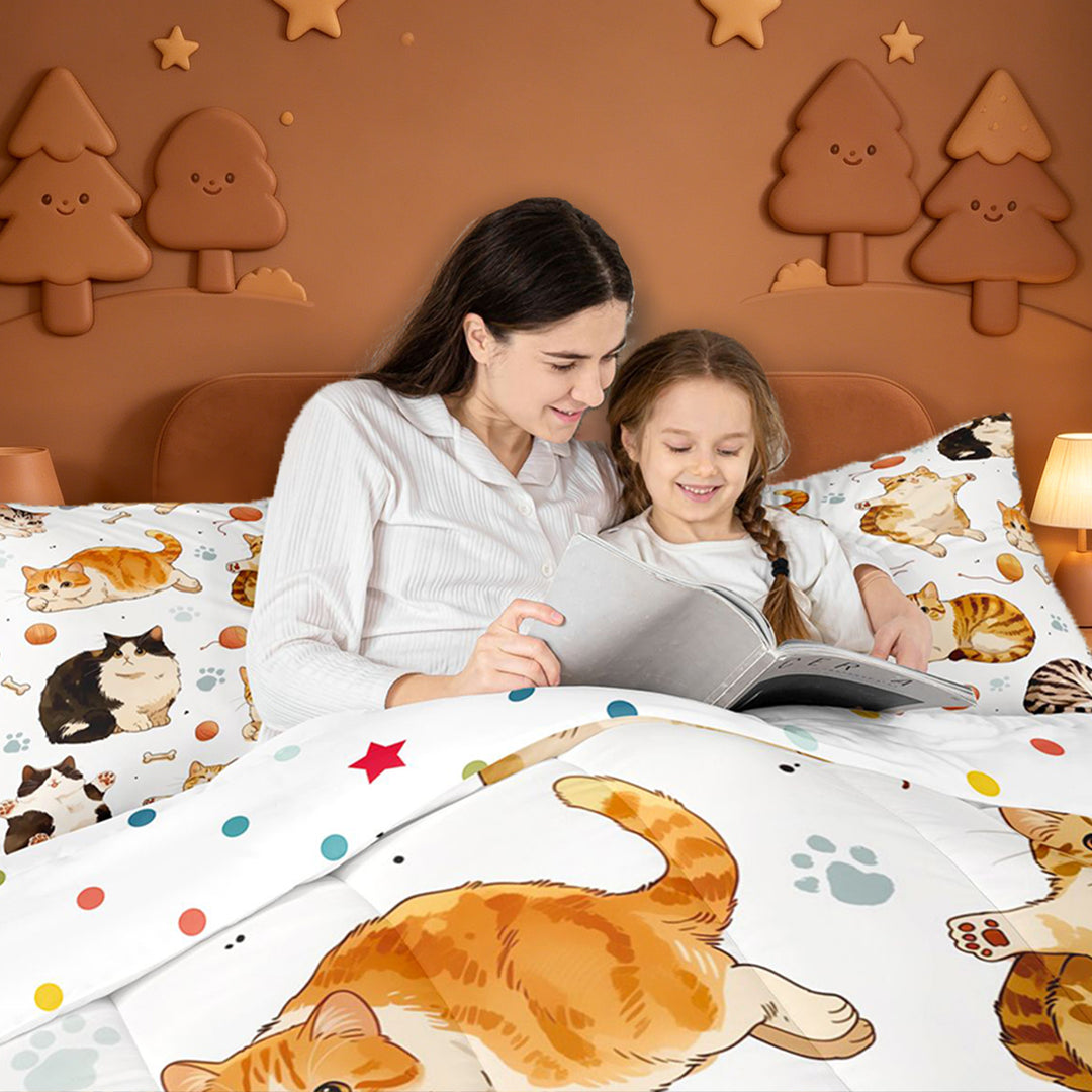 meiyoeat Cute Cartoon Kitten 7 Pieces Full Size Bedding Sets,Cute Animal Cat Full Size Bed in a Bag For Girl,Reversible
