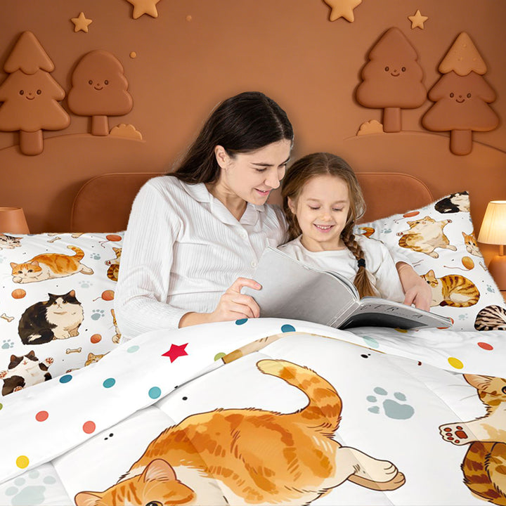 meiyoeat Cute Cartoon Kitten 7 Pieces Full Size Bedding Sets,Cute Animal Cat Full Size Bed in a Bag For Girl,Reversible