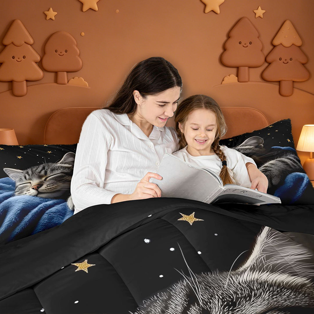 meiyoeat Starry Night Cat 7 Pieces Full Size Bedding Sets,Pet Animal Print Full Size Bed in a Bag For Girl,Reversible