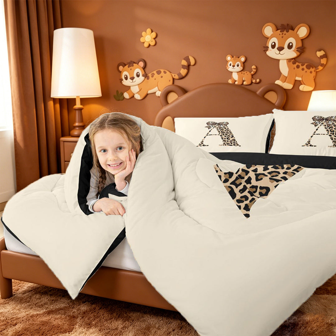meiyoeat cheetah Bow Initial Full Size Comforter Sets,Leopard Print Monogram A Bedding Comforter Set,Black Reversible,3 Pieces,1 Comforter and 2 Pillowcases