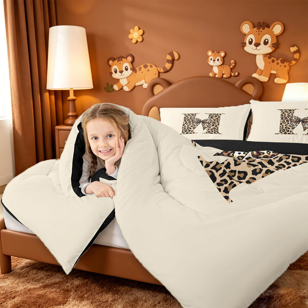 meiyoeat leopard Bowknot Initial Art 7 Pieces Full Size Bedding Sets,Cheetah Print Alphabet Full Size Bed in a Bag,Black Reversible