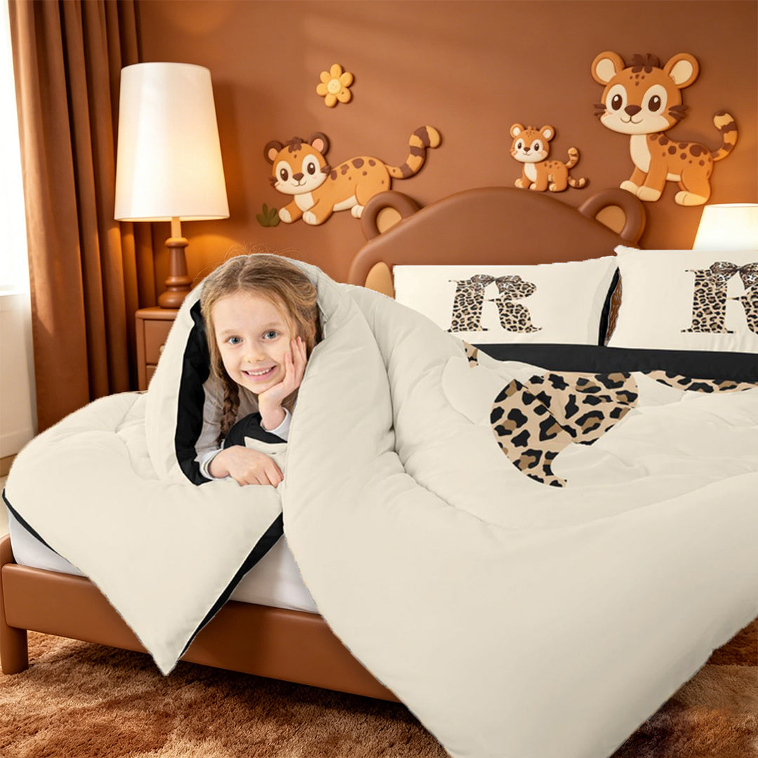 meiyoeat leopard Bowknot Letter 7 Pieces Full Size Bedding Sets,Cheetah Monogram Print R Full Size Bed in a Bag,Black Reversible