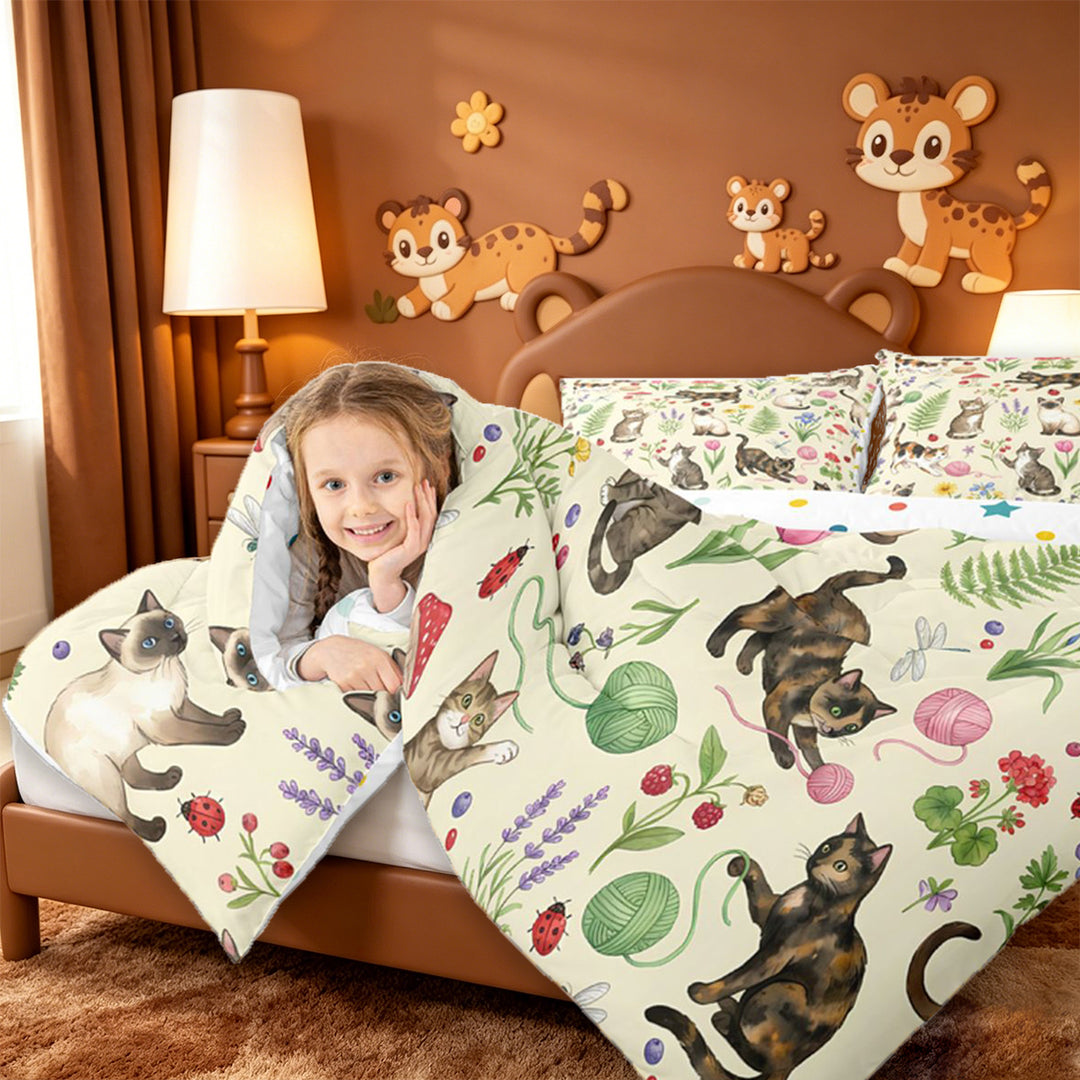 meiyoeat spring Garden Kitten 7 Pieces Full Size Bedding Sets,Floral Cat Print Full Size Bed in a Bag,Reversible