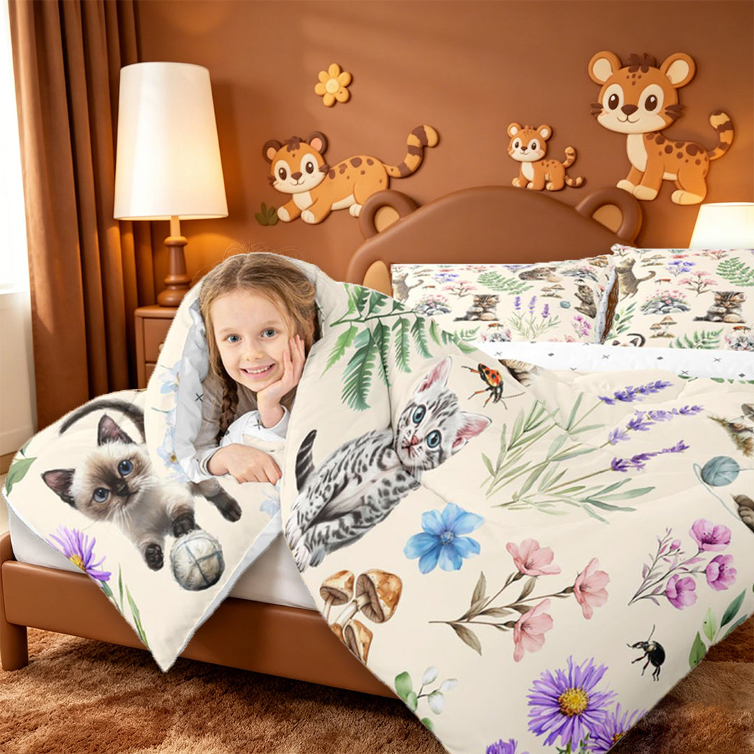 meiyoeat Kawaii Kitten 7 Pieces Full Size Bedding Sets,Watercolor Floral Rustic Mushroom Full Size Bed in a Bag For Girl,Reversible