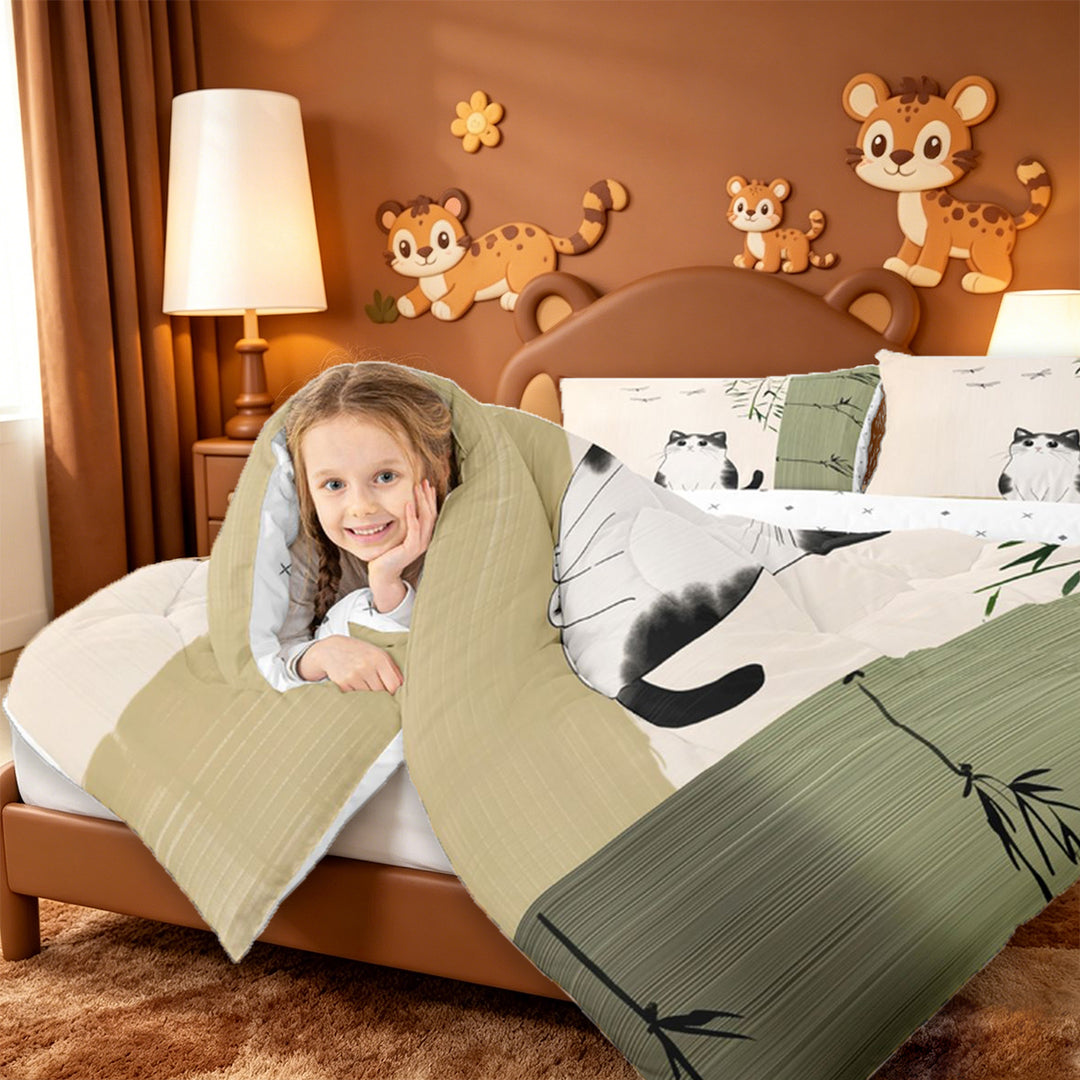 meiyoeat Kawaii Cat 7 Pieces Full Size Bedding Sets,Minimal Kitten Print Full Size Bed in a Bag For Girl,Reversible