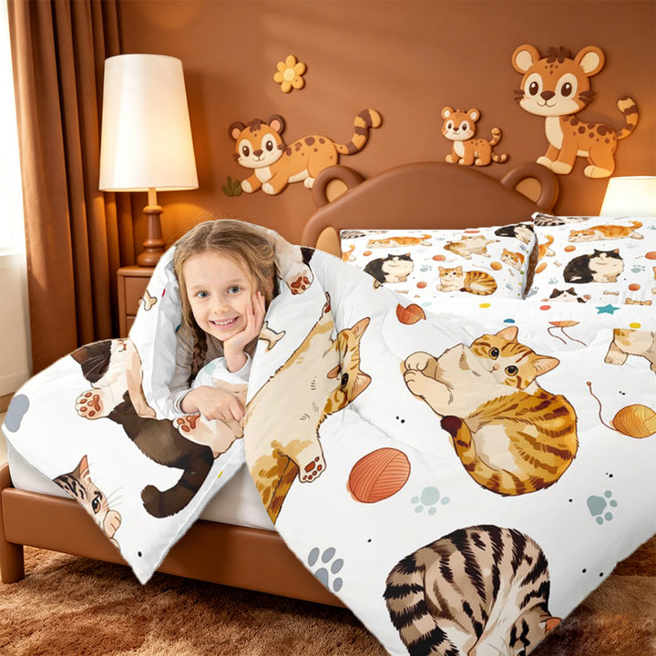 meiyoeat Cute Cartoon Kitten 7 Pieces Full Size Bedding Sets,Cute Animal Cat Full Size Bed in a Bag For Girl,Reversible