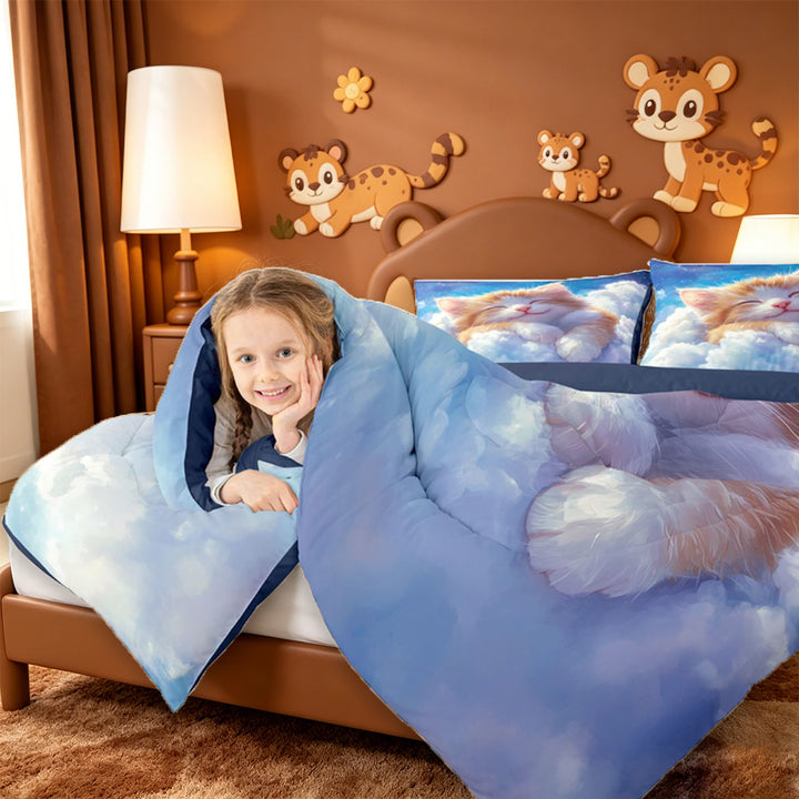 meiyoeat Dreamy Cloud Kitten Full Size Comforter Sets,Orange Cat Print Bedding Comforter Set For Girl,Reversible,3 Pieces,1 Comforter and 2 Pillowcases