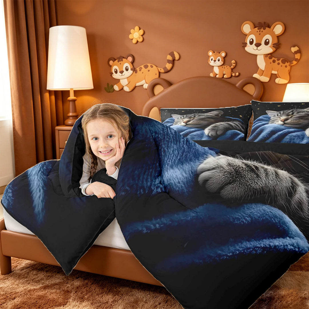 meiyoeat Starry Night Cat 7 Pieces Full Size Bedding Sets,Pet Animal Print Full Size Bed in a Bag For Girl,Reversible
