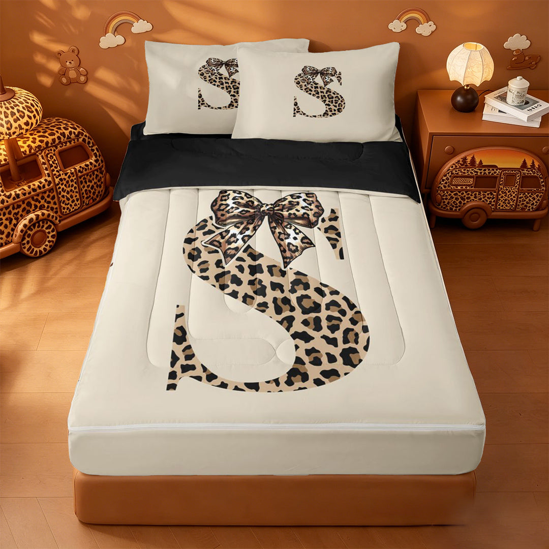 meiyoeat kawaii Bow Monogram Design Zipper Full Size Comforter Sets with Fitted Sheet and 2 Pillowcases,Leopard Print Initial S Zipper Bedding Set,Black Reversible,4-Piece