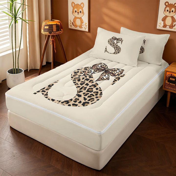 meiyoeat kawaii Bow Monogram Design Zipper Full Size Comforter Sets with Fitted Sheet and 2 Pillowcases,Leopard Print Initial S Zipper Bedding Set,Black Reversible,4-Piece