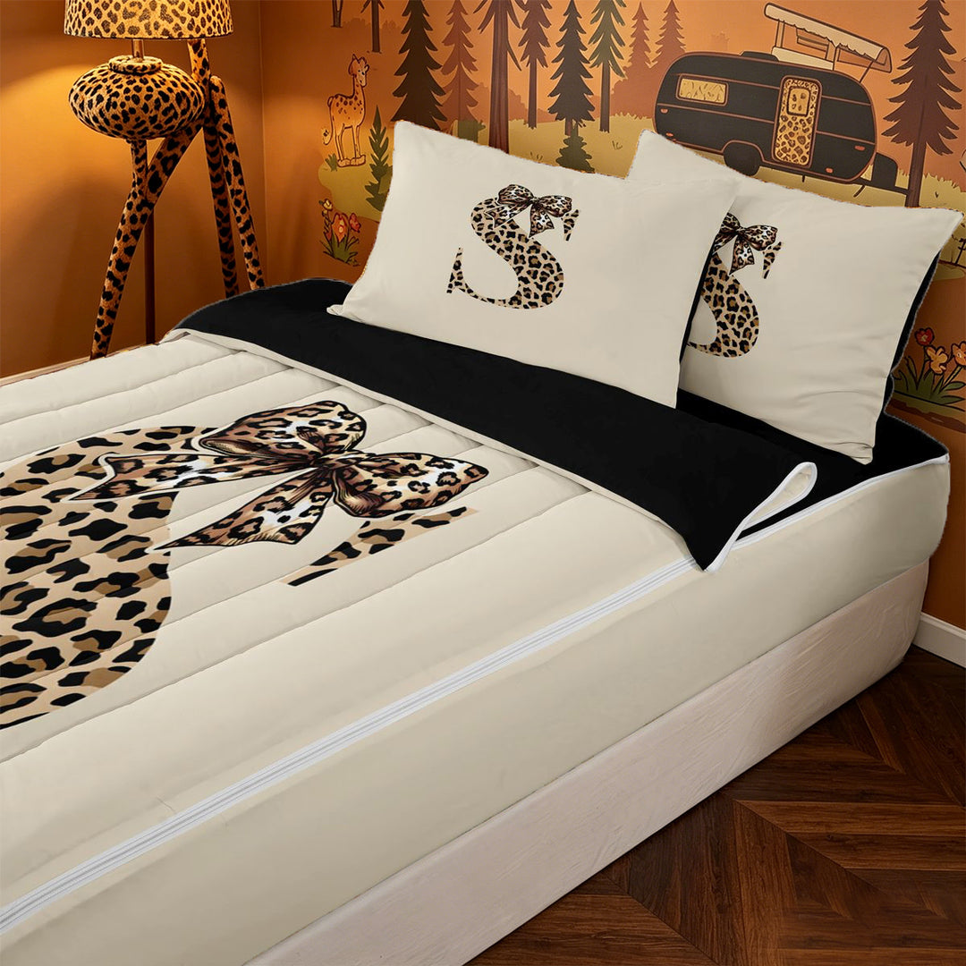 meiyoeat kawaii Bow Monogram Design Zipper Full Size Comforter Sets with Fitted Sheet and 2 Pillowcases,Leopard Print Initial S Zipper Bedding Set,Black Reversible,4-Piece