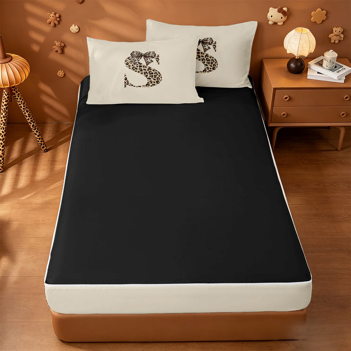 meiyoeat kawaii Bow Monogram Design Zipper Full Size Comforter Sets with Fitted Sheet and 2 Pillowcases,Leopard Print Initial S Zipper Bedding Set,Black Reversible,4-Piece