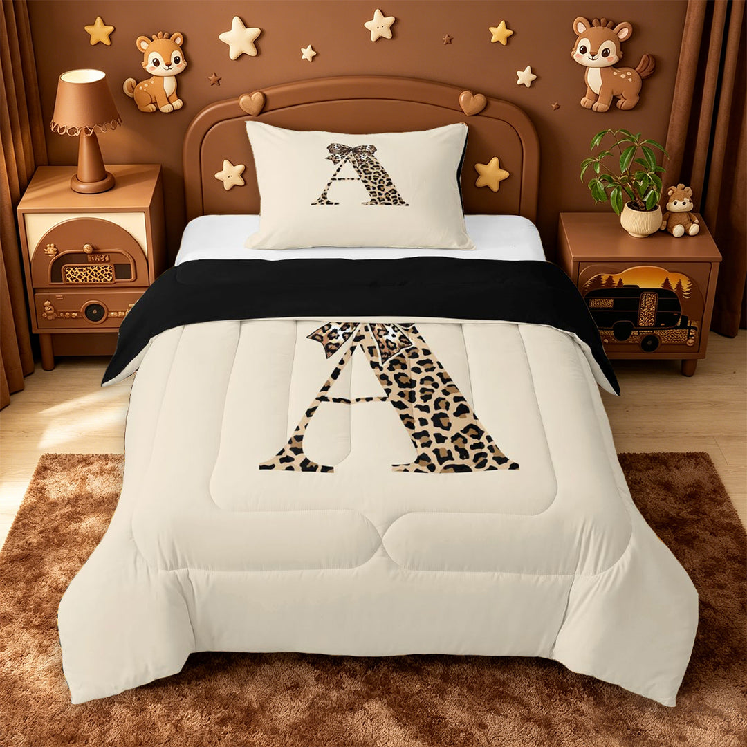 meiyoeat cheetah Bow Initial Full Size Comforter Sets,Leopard Print Monogram A Bedding Comforter Set,Black Reversible,3 Pieces,1 Comforter and 2 Pillowcases