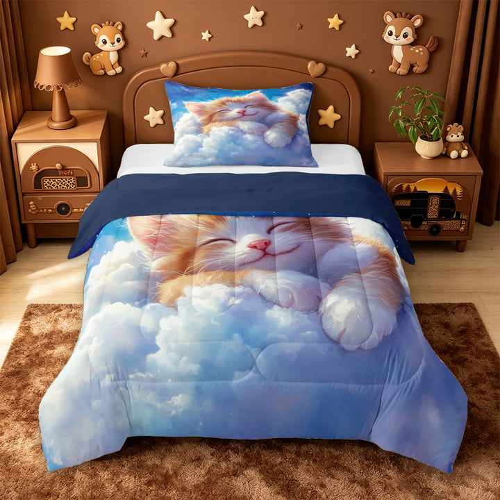 meiyoeat Dreamy Cloud Kitten Full Size Comforter Sets,Orange Cat Print Bedding Comforter Set For Girl,Reversible,3 Pieces,1 Comforter and 2 Pillowcases