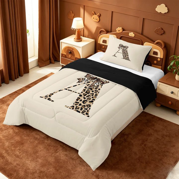 meiyoeat cheetah Bow Initial Full Size Comforter Sets,Leopard Print Monogram A Bedding Comforter Set,Black Reversible,3 Pieces,1 Comforter and 2 Pillowcases
