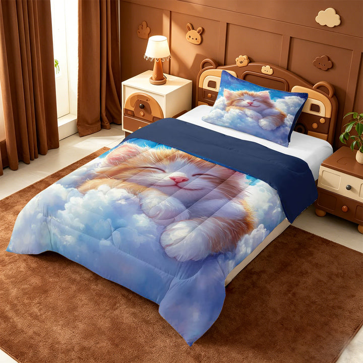 meiyoeat Dreamy Cloud Kitten Full Size Comforter Sets,Orange Cat Print Bedding Comforter Set For Girl,Reversible,3 Pieces,1 Comforter and 2 Pillowcases