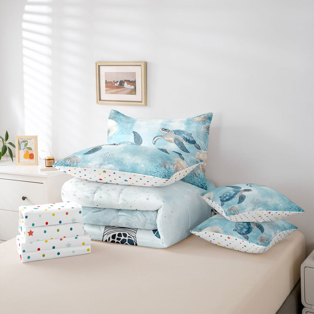 meiyoeat Sea Turtle 7 Pieces Full Size Bedding Sets For Boys,Watercolor Blue Coral Full Size Bed in a Bag For Kids,Reversible