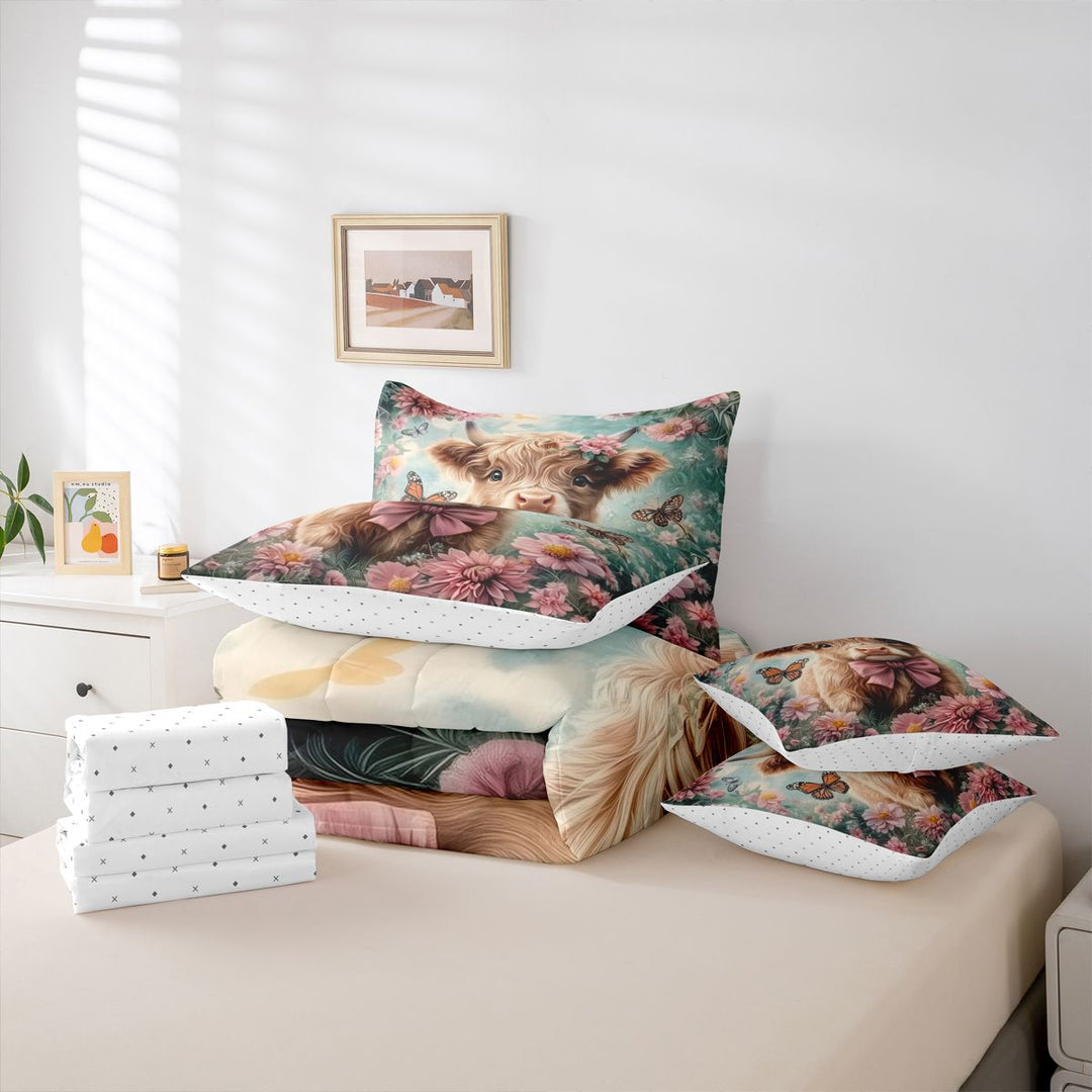 meiyoeat highland Cattle Pink Flower 7 Pieces Full Size Bedding Sets,Colorful Butterfly Farm Animal Print Full Size Bed in a Bag,Reversible