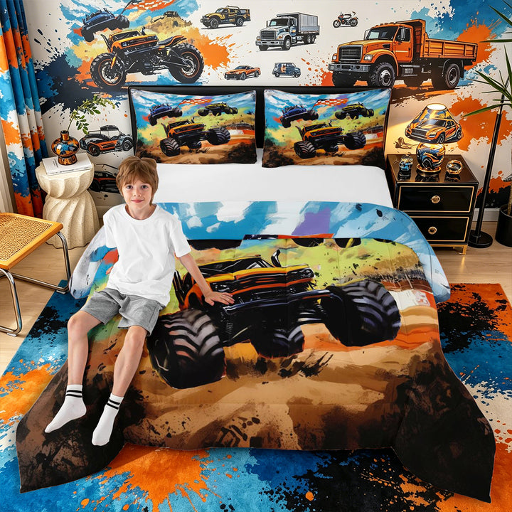 Meiyoeat Graffiti Monster Truck Queen Comforter Set 3 Pieces for Boys,Checkered Race Flag Comforter Sets Queen,orange green,Reversible,1 Comforter and 2 Pillowcases,1 Comforter and 2 Pillowcases