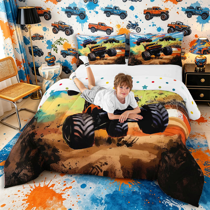 Meiyoeat Graffiti Monster Truck Queen Comforter Set 3 Pieces for Boys,Checkered Race Flag Comforter Sets Queen,orange green,Reversible,1 Comforter and 2 Pillowcases,1 Comforter and 2 Pillowcases
