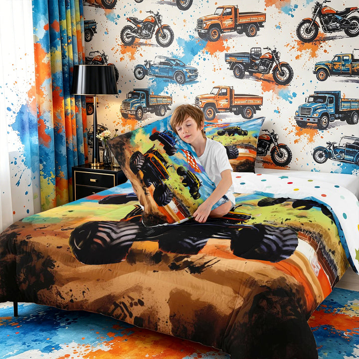 Meiyoeat Graffiti Monster Truck Queen Comforter Set 3 Pieces for Boys,Checkered Race Flag Comforter Sets Queen,orange green,Reversible,1 Comforter and 2 Pillowcases,1 Comforter and 2 Pillowcases