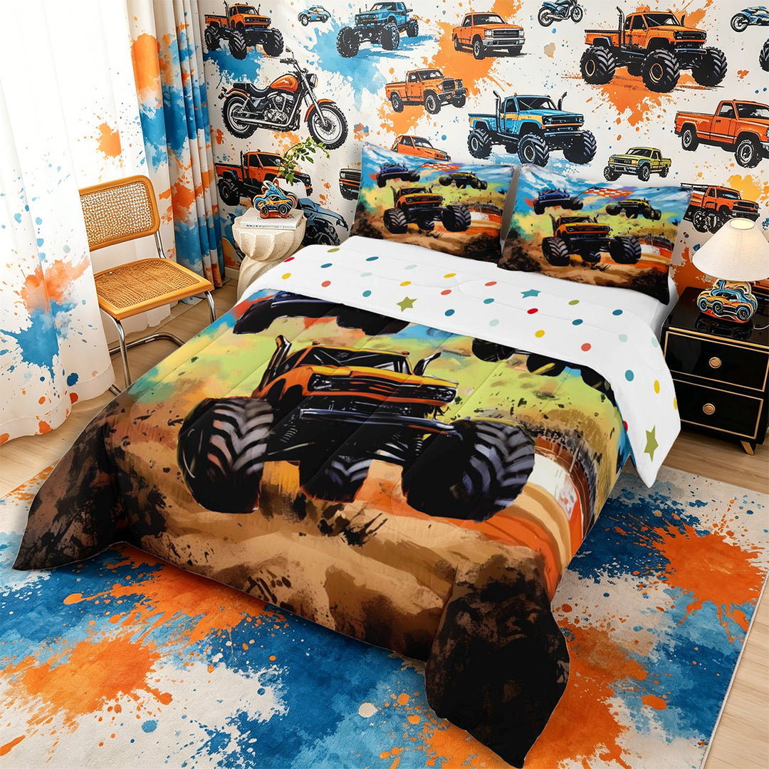 Meiyoeat Graffiti Monster Truck Queen Comforter Set 3 Pieces for Boys,Checkered Race Flag Comforter Sets Queen,orange green,Reversible,1 Comforter and 2 Pillowcases,1 Comforter and 2 Pillowcases