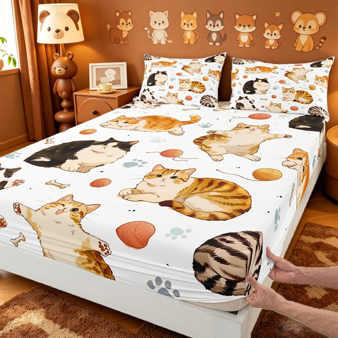 meiyoeat Cute Cartoon Kitten Bed Sheets,Cute Animal Cat Full Size Sheets For Girl,4pcs,1 Flat Sheet,1 Fitted Sheet and 2 Pillowcases