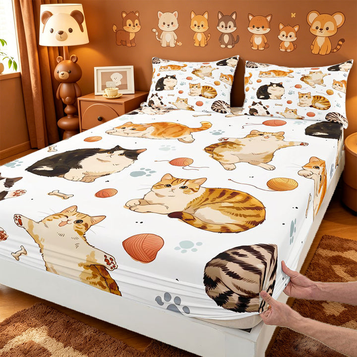 meiyoeat Cute Cartoon Kitten Bed Sheets,Cute Animal Cat Full Size Sheets For Girl,4pcs,1 Flat Sheet,1 Fitted Sheet and 2 Pillowcases
