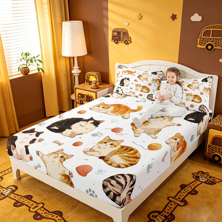 meiyoeat Cute Cartoon Kitten Bed Sheets,Cute Animal Cat Full Size Sheets For Girl,4pcs,1 Flat Sheet,1 Fitted Sheet and 2 Pillowcases