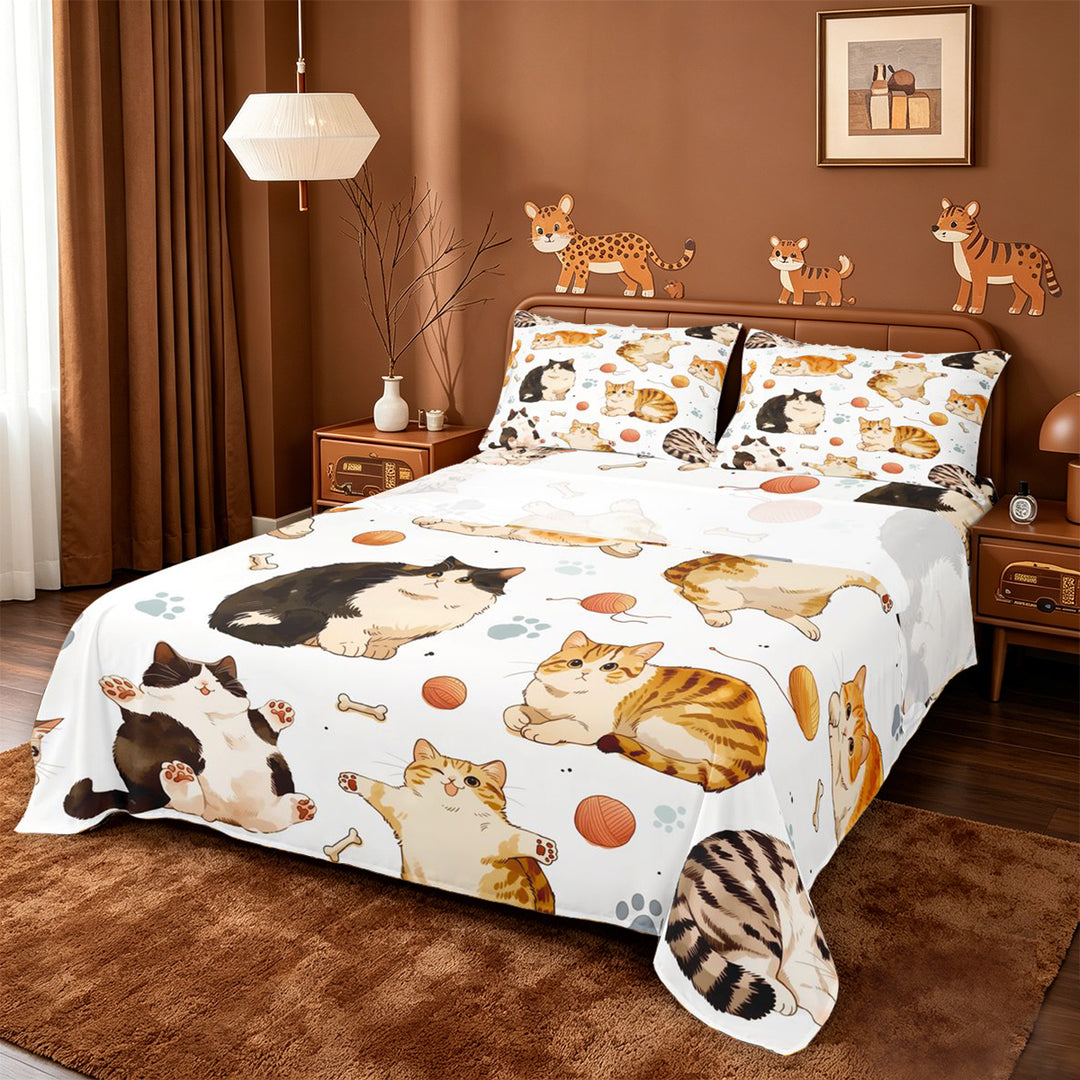 meiyoeat Cute Cartoon Kitten Bed Sheets,Cute Animal Cat Full Size Sheets For Girl,4pcs,1 Flat Sheet,1 Fitted Sheet and 2 Pillowcases