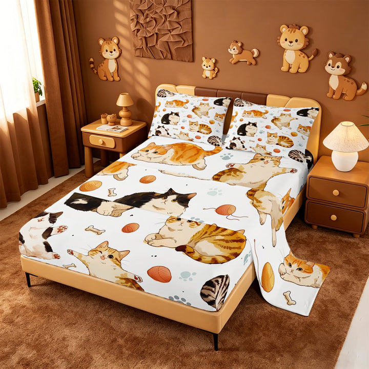 meiyoeat Cute Cartoon Kitten Bed Sheets,Cute Animal Cat Full Size Sheets For Girl,4pcs,1 Flat Sheet,1 Fitted Sheet and 2 Pillowcases