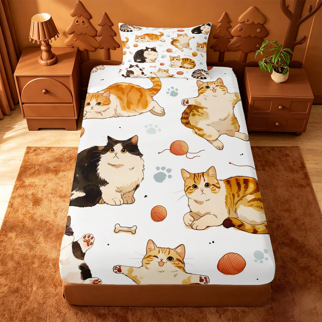 meiyoeat Cute Cartoon Kitten Bed Sheets,Cute Animal Cat Full Size Sheets For Girl,4pcs,1 Flat Sheet,1 Fitted Sheet and 2 Pillowcases