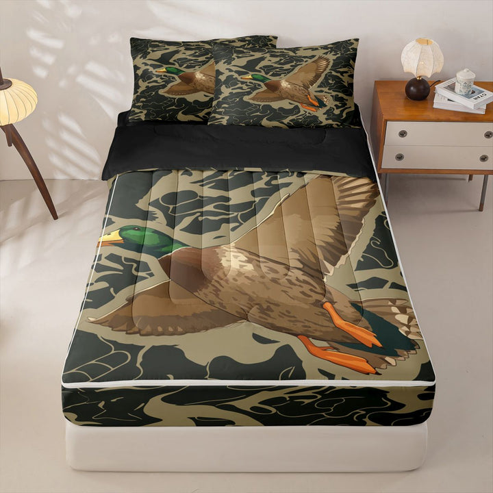meiyoeat Rustic Hunting Camo Zipper Full Size Comforter Sets with Fitted Sheet and 2 Pillowcases For Boys,Wild Mallard Duck Zipper Bedding Set For Men,Black Reversible,4-Piece