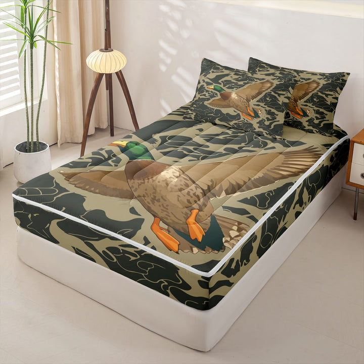 meiyoeat Rustic Hunting Camo Zipper Full Size Comforter Sets with Fitted Sheet and 2 Pillowcases For Boys,Wild Mallard Duck Zipper Bedding Set For Men,Black Reversible,4-Piece