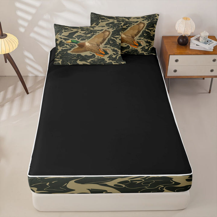 meiyoeat Rustic Hunting Camo Zipper Full Size Comforter Sets with Fitted Sheet and 2 Pillowcases For Boys,Wild Mallard Duck Zipper Bedding Set For Men,Black Reversible,4-Piece
