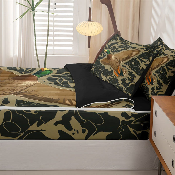 meiyoeat Rustic Hunting Camo Zipper Full Size Comforter Sets with Fitted Sheet and 2 Pillowcases For Boys,Wild Mallard Duck Zipper Bedding Set For Men,Black Reversible,4-Piece