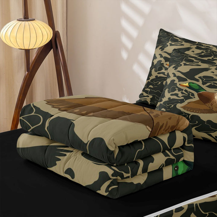meiyoeat Rustic Hunting Camo Zipper Full Size Comforter Sets with Fitted Sheet and 2 Pillowcases For Boys,Wild Mallard Duck Zipper Bedding Set For Men,Black Reversible,4-Piece