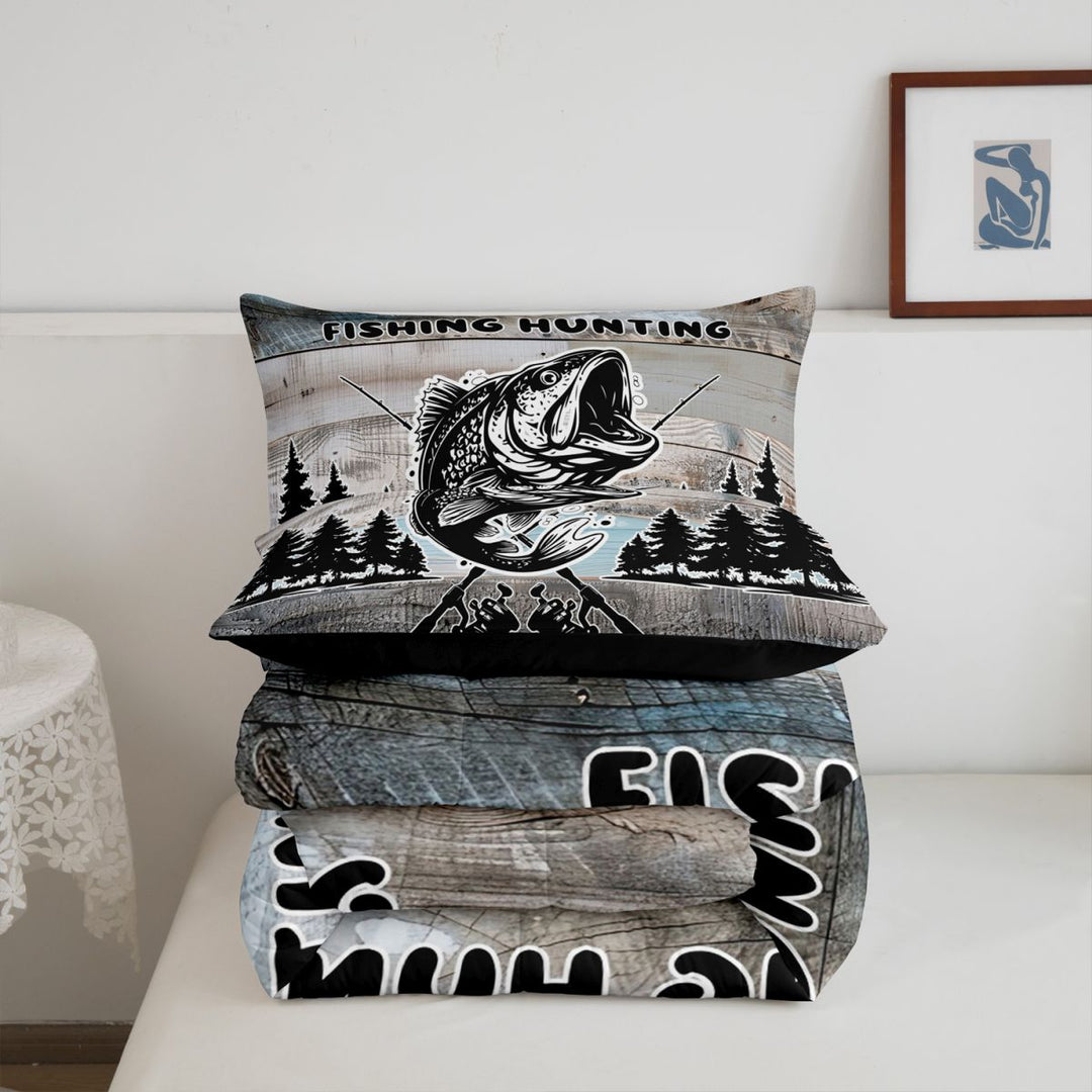 meiyoeat Vintage Bass Fishing Full Size Comforter Sets For Kids,Woodland Fish Print Bedding Comforter Set For Boys,Black Reversible,3pcs