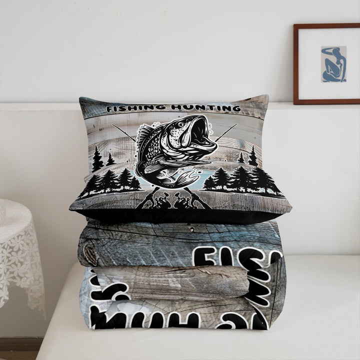 meiyoeat Vintage Bass Fishing Full Size Comforter Sets For Kids,Woodland Fish Print Bedding Comforter Set For Boys,Black Reversible,3pcs