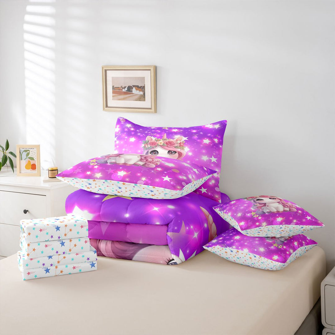 meiyoeat Cute Unicorn 7 Pieces Full Size Bedding Sets For Girls,Pink Cute Flowers Stars Full Size Bed in a Bag For Kids,Colorful Stars Reversible
