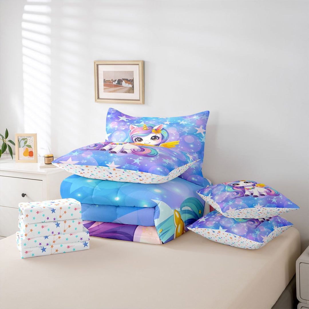 meiyoeat Kawaii Rainbow Unicorn 7 Pieces Full Size Bedding Sets For Girls,Colorful Cute Stars Print Full Size Bed in a Bag For Kids,Colorful Stars Reversible