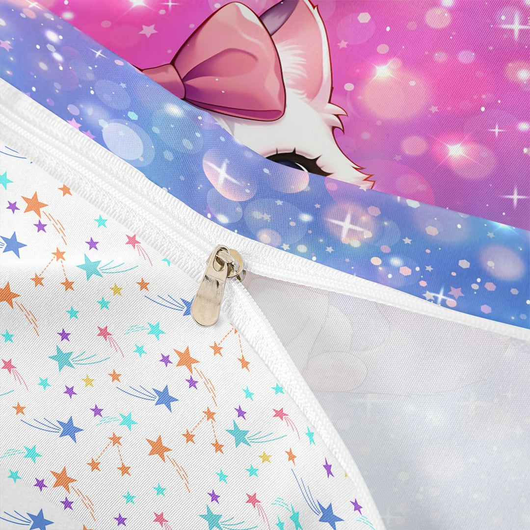 meiyoeat Cartoon Cute Kitten Bedding For Girls,Pink Bowknot Cat Duvet Cover Full For Kids,Colorful Stars Reversible,3 Pieces(No Comforter)