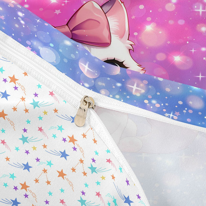 meiyoeat Cartoon Cute Kitten Bedding For Girls,Pink Bowknot Cat Duvet Cover Full For Kids,Colorful Stars Reversible,3 Pieces(No Comforter)