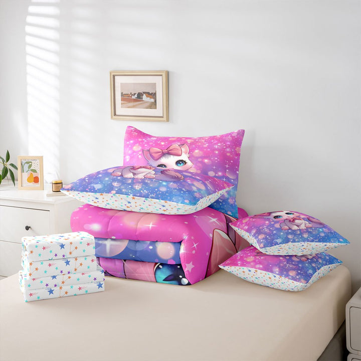 meiyoeat Cartoon Cute Kitten 7 Pieces Full Size Bedding Sets For Girls,Pink Bowknot Cat Full Size Bed in a Bag For Kids,Colorful Stars Reversible