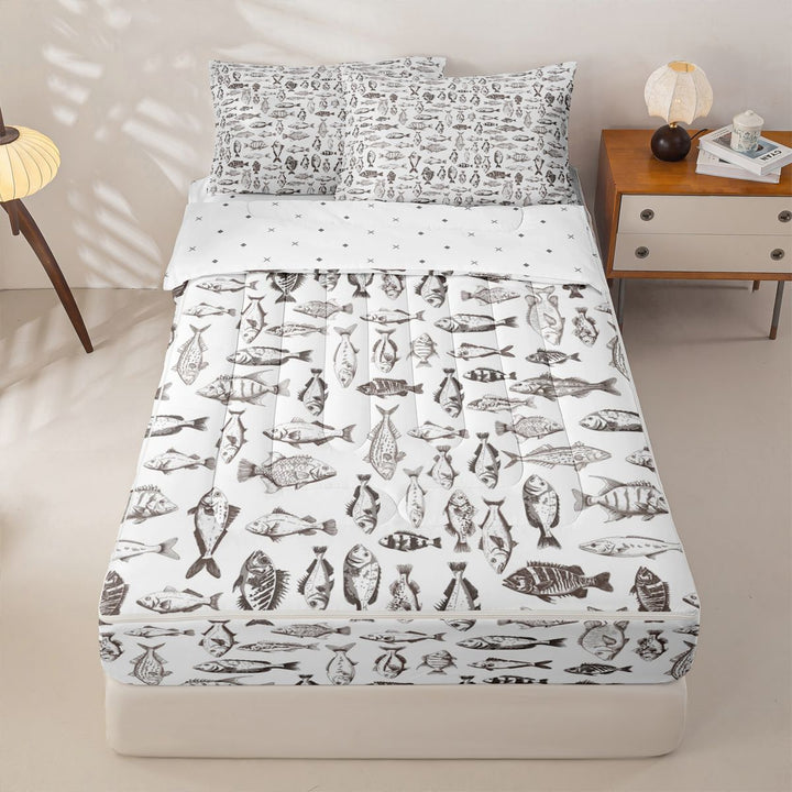 meiyoeat Minimal Fish Sketch Zipper Full Size Comforter Sets with Fitted Sheet and 2 Pillowcases For Kids,Wild Pike Zipper Bedding Set For Boys,Reversible,4-Piece