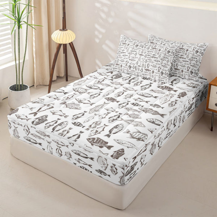 meiyoeat Minimal Fish Sketch Zipper Full Size Comforter Sets with Fitted Sheet and 2 Pillowcases For Kids,Wild Pike Zipper Bedding Set For Boys,Reversible,4-Piece