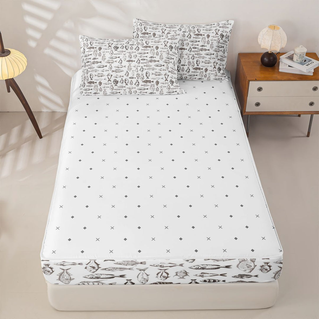 meiyoeat Minimal Fish Sketch Zipper Full Size Comforter Sets with Fitted Sheet and 2 Pillowcases For Kids,Wild Pike Zipper Bedding Set For Boys,Reversible,4-Piece
